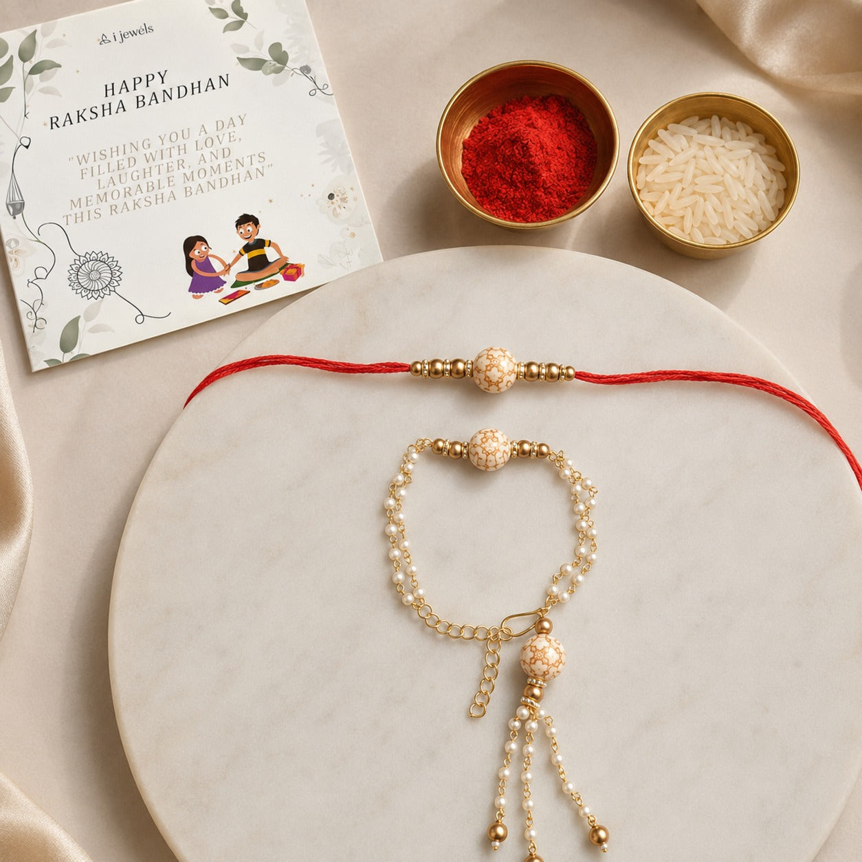 Pearl Bhaiya Bhabhi Lumba Rakhi with Roli Chawal & Rakshabandhan Card
