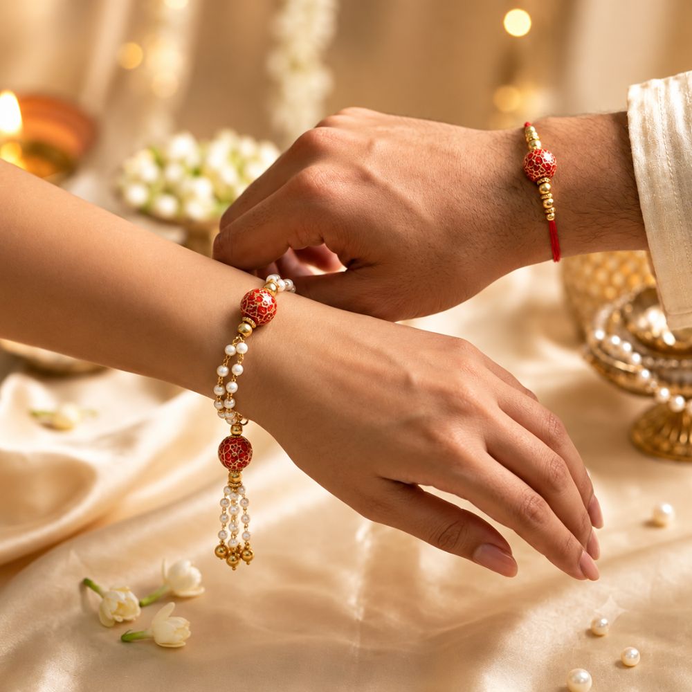 Maroon Pearl Bhaiya Bhabhi Lumba Rakhi with Roli Chawal & Rakshabandhan Card