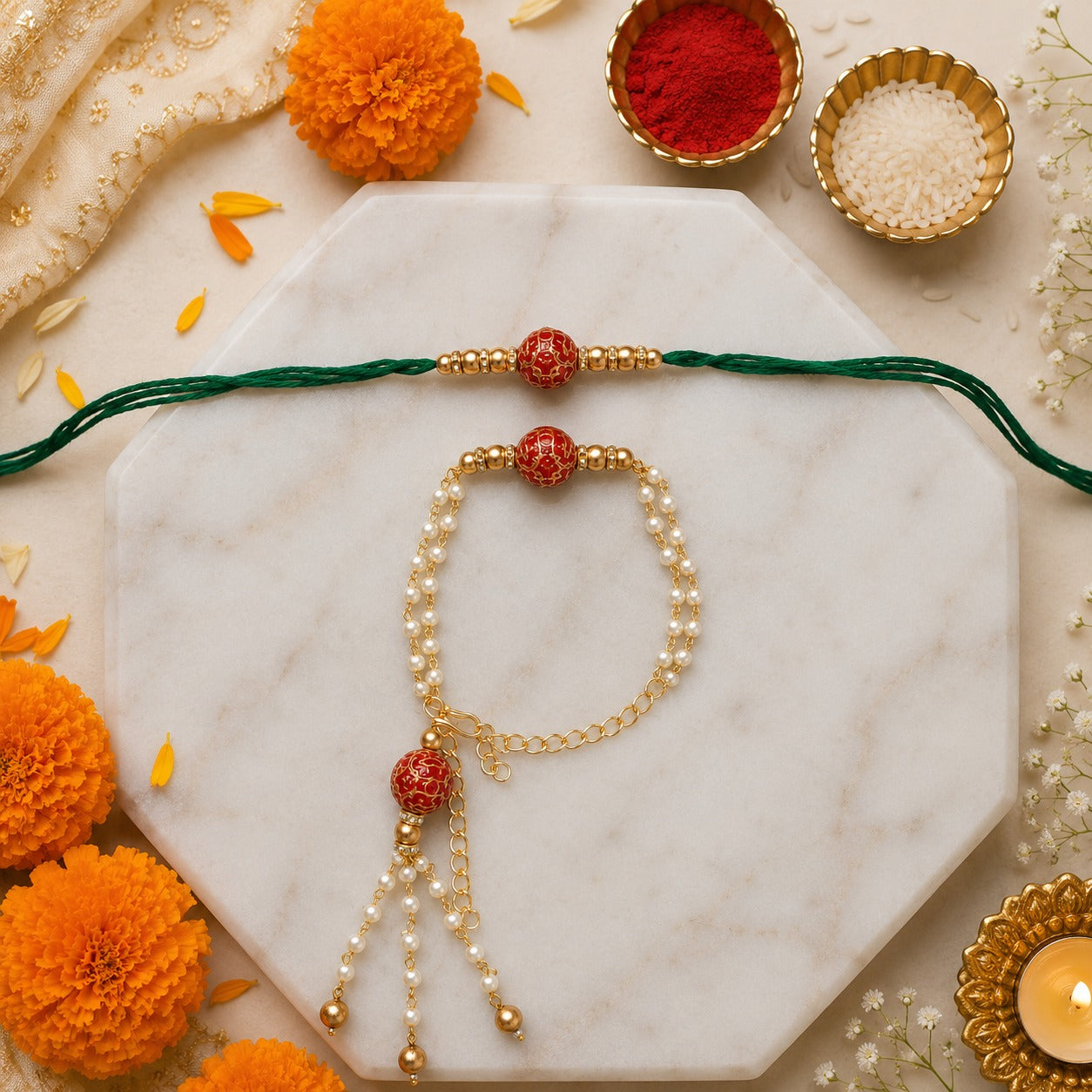 Maroon Pearl Bhaiya Bhabhi Lumba Rakhi with Roli Chawal & Rakshabandhan Card