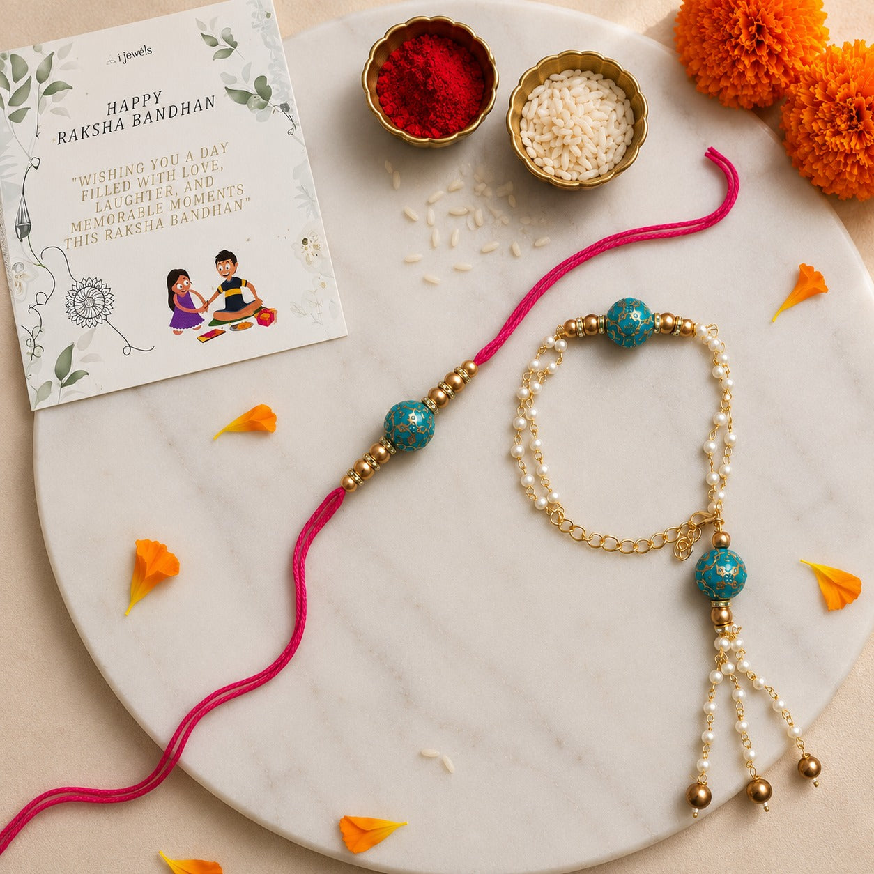 Turquoise Pearl Bhaiya Bhabhi Lumba Rakhi with Roli Chawal & Rakshabandhan Card