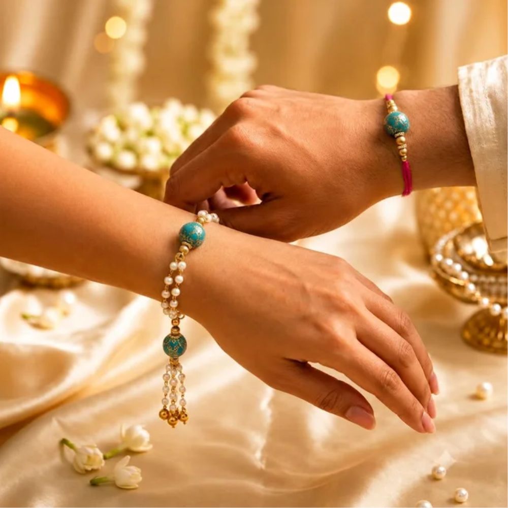 Turquoise Pearl Bhaiya Bhabhi Lumba Rakhi with Roli Chawal & Rakshabandhan Card