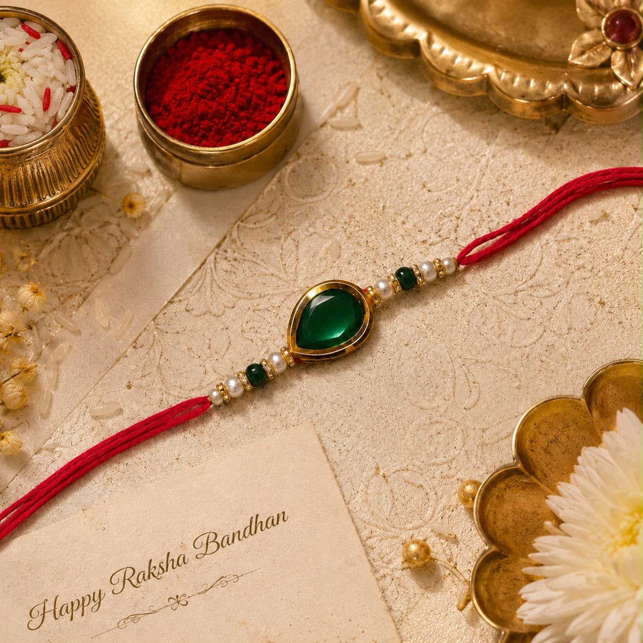 Green Stone Designer Rakhi for Brother with Roli Chawal & Raksha Bandhan Card