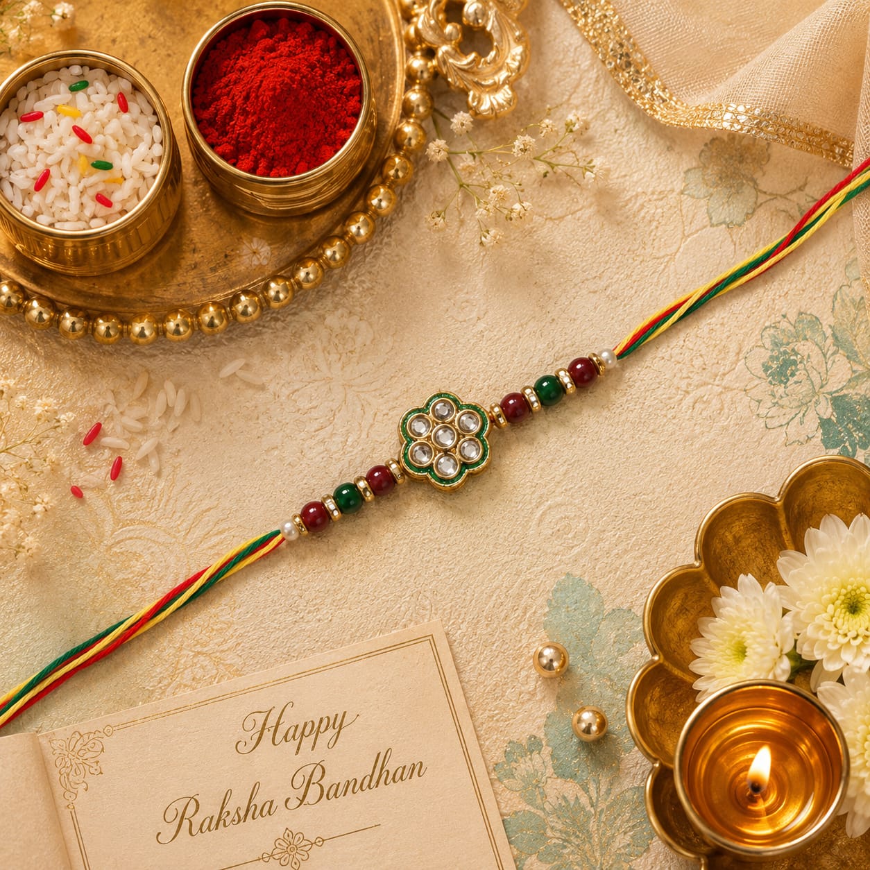 Floral Kundan Designer Rakhi for Brother with Roli Chawal & Raksha Bandhan Card