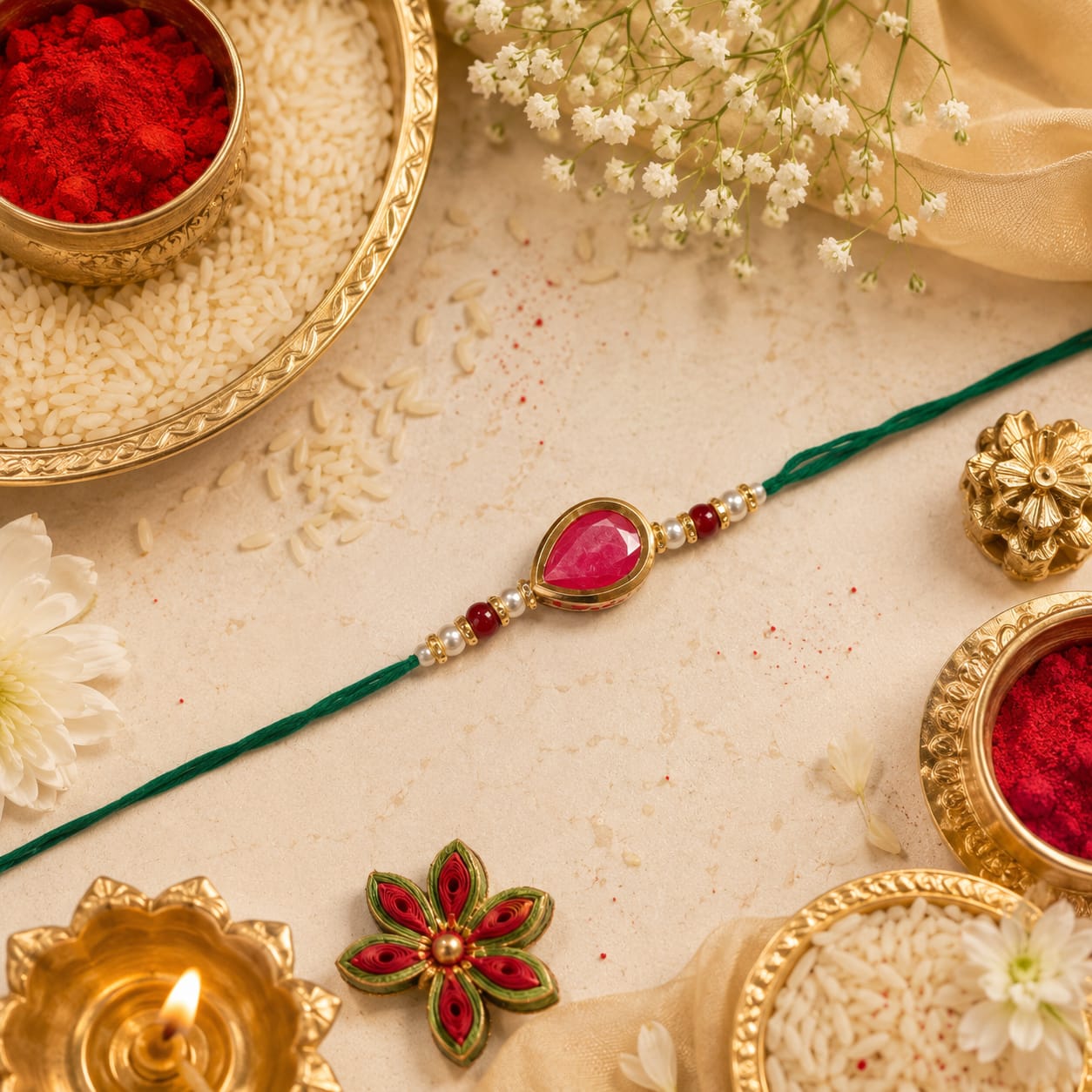 Premium Pink Teardrop Stone Designer Rakhi for Brother with Roli Chawal & Raksha Bandhan Card