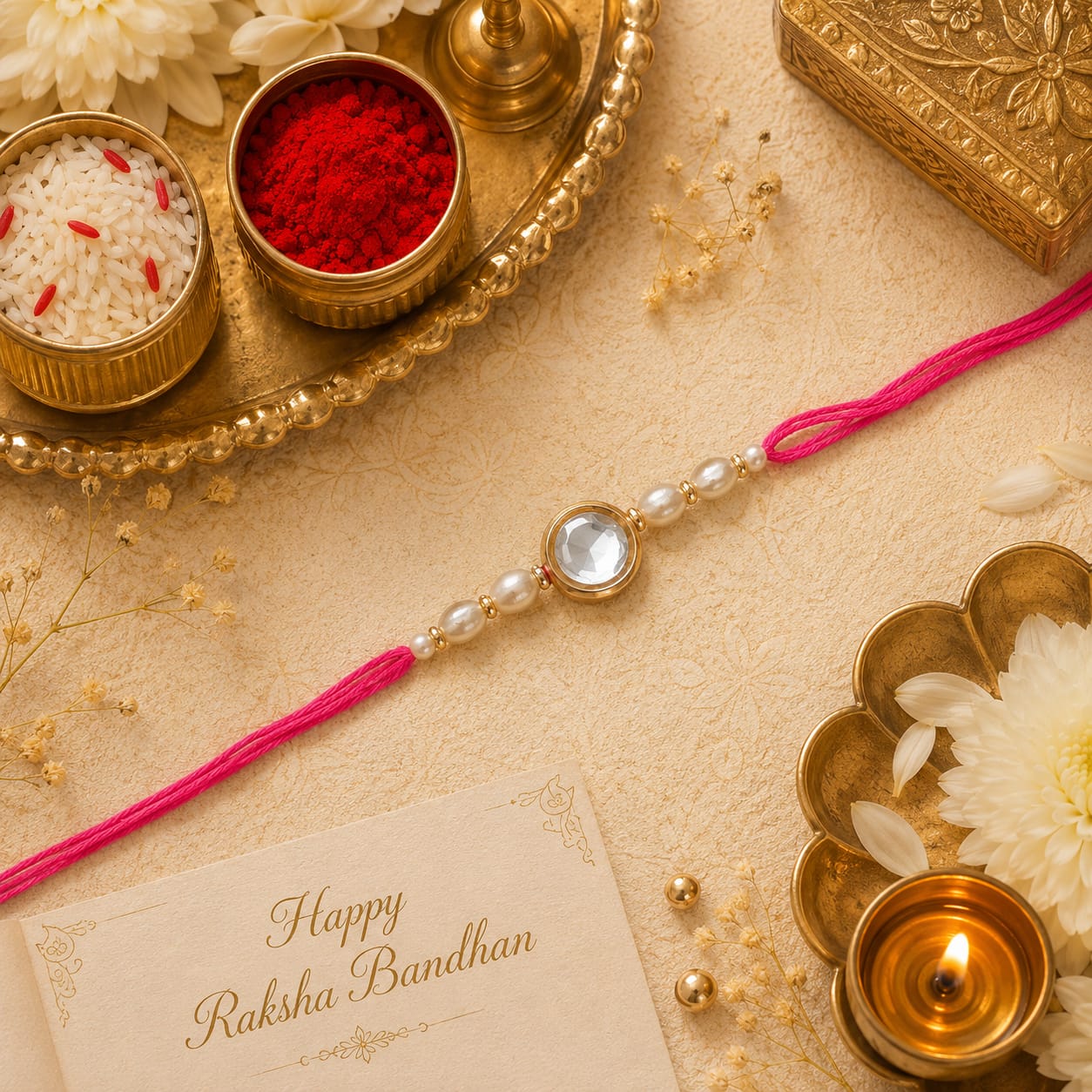 Pearl & Crystal Designer Rakhi for Brother with Roli Chawal & Raksha Bandhan Card