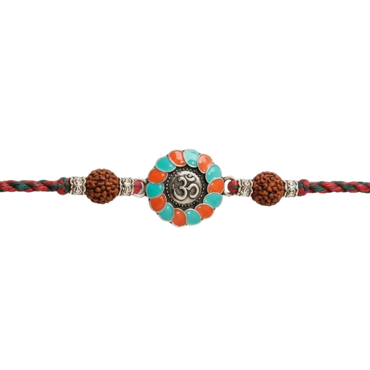 Om Rudraksha Turquoise & Orange Enamel Rakhi