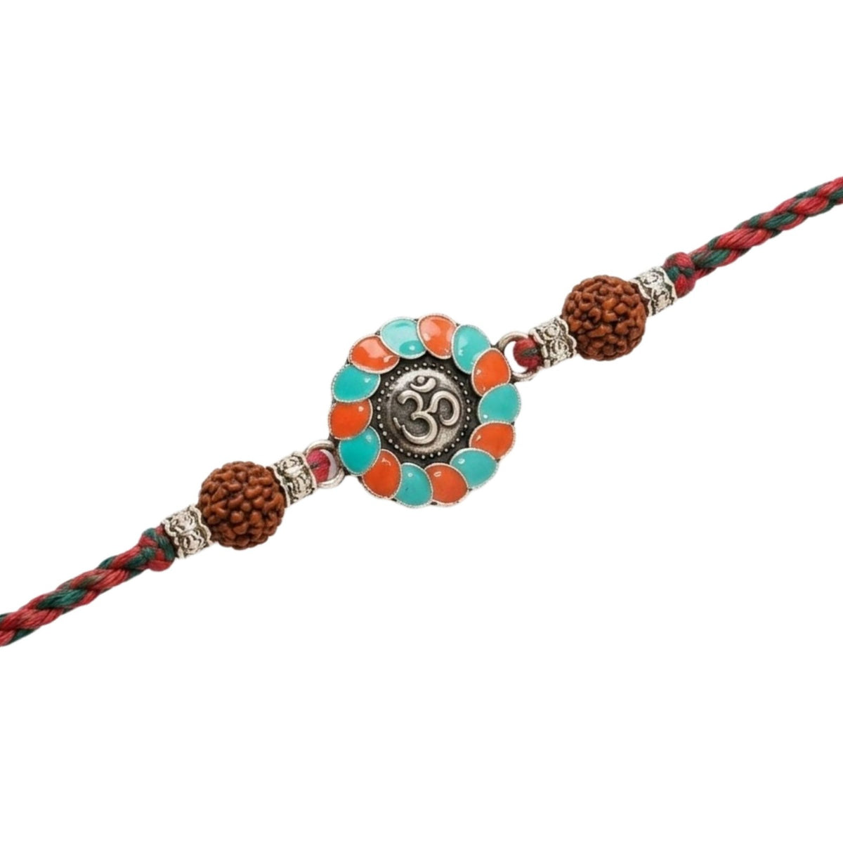 Om Rudraksha Turquoise & Orange Enamel Rakhi