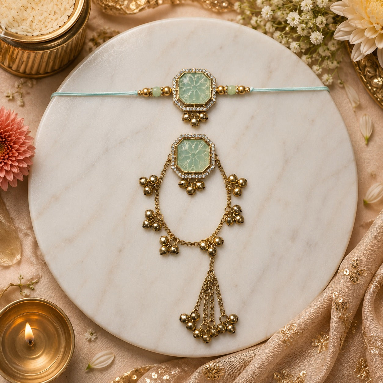 Mint Ghungroo Bhaiya Bhabhi Lumba Rakhi with Roli Chawal & Rakshabandhan Card