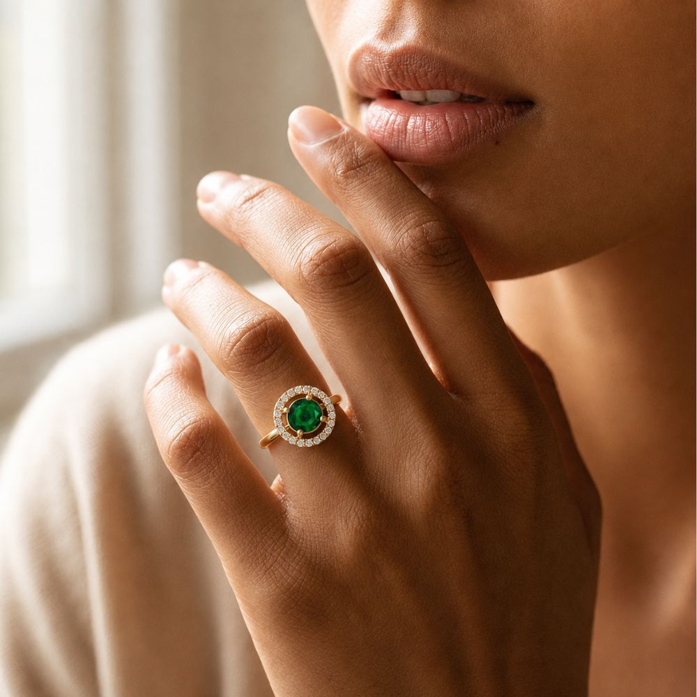 Tiana - Green Round Stone Halo Cocktail Ring