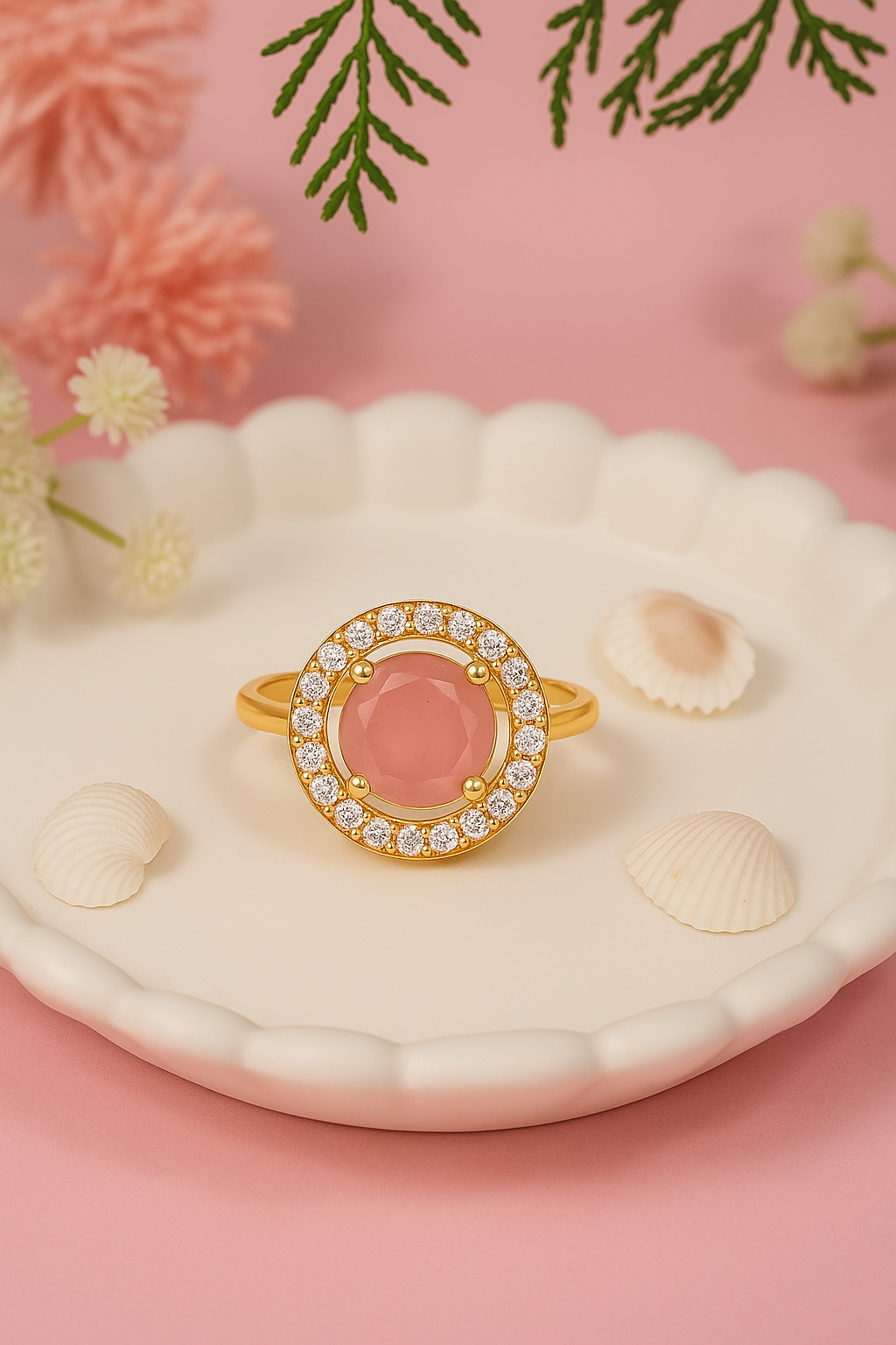 Tiana - Peach Round Stone Halo Cocktail Ring