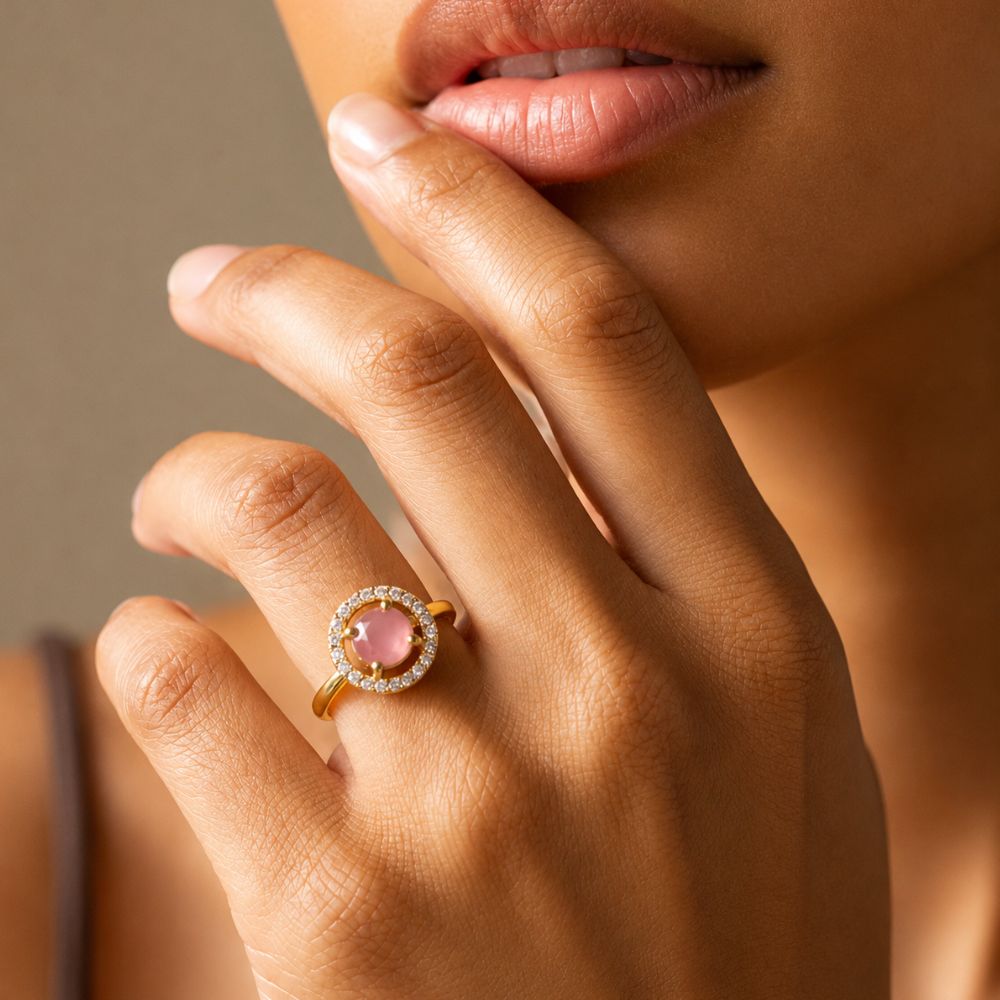 Tiana - Peach Round Stone Halo Cocktail Ring