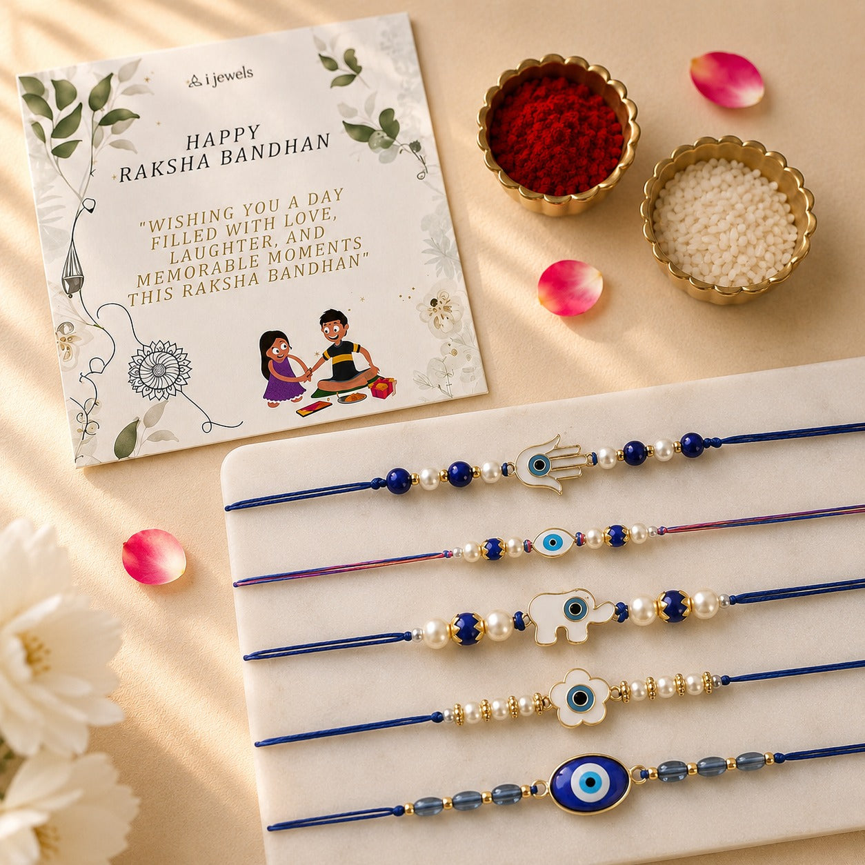 Combo Enamel Pearl Bhaiya Rakhi With Roli Chawal & Card (Pack of 5)