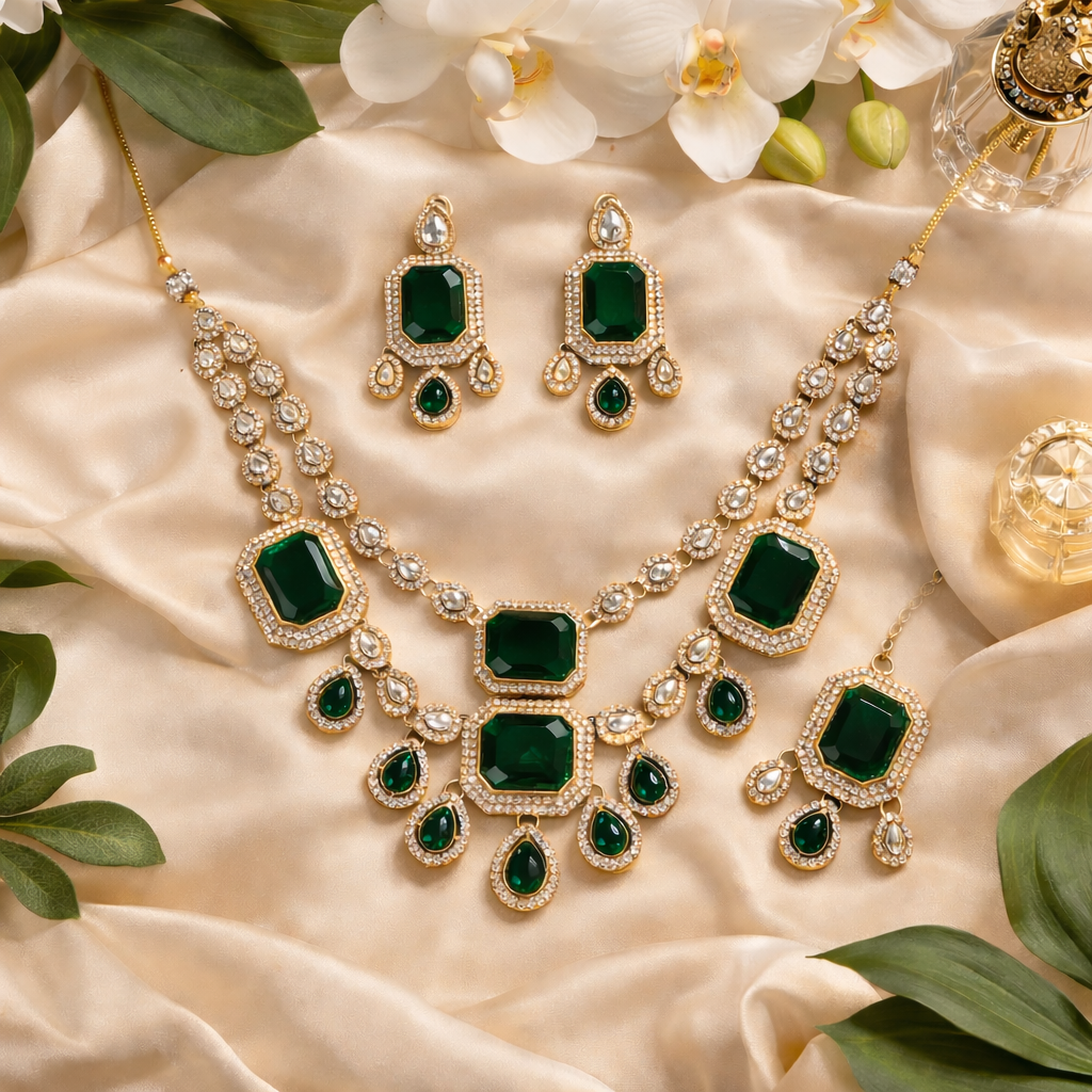 Anaki- Royal Emerald Green polki Kundan Necklace Set with Matching Earrings & Maang Tikka