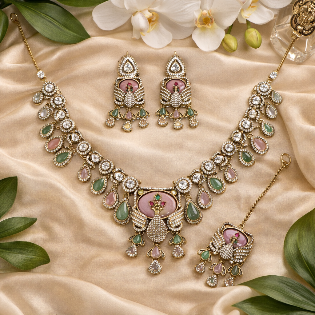 Sitara-Royal Peacock Motif Polki Kundan Necklace Set with Pastel Stones, Earrings & Maang Tikka