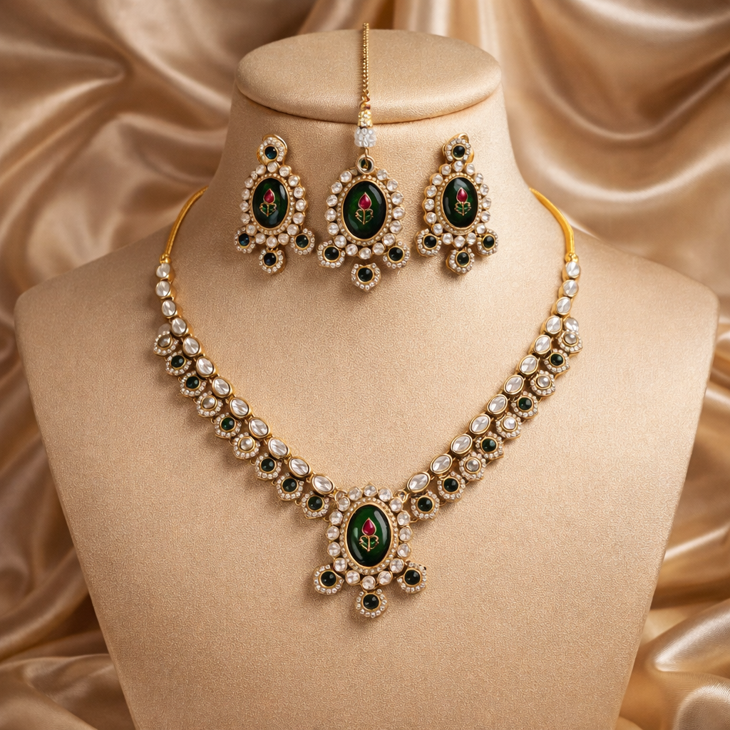 Aashvi- Royal Green Enamel Polki Kundan Necklace Set with Emerald Green Accents, Earrings & Maang Tikka