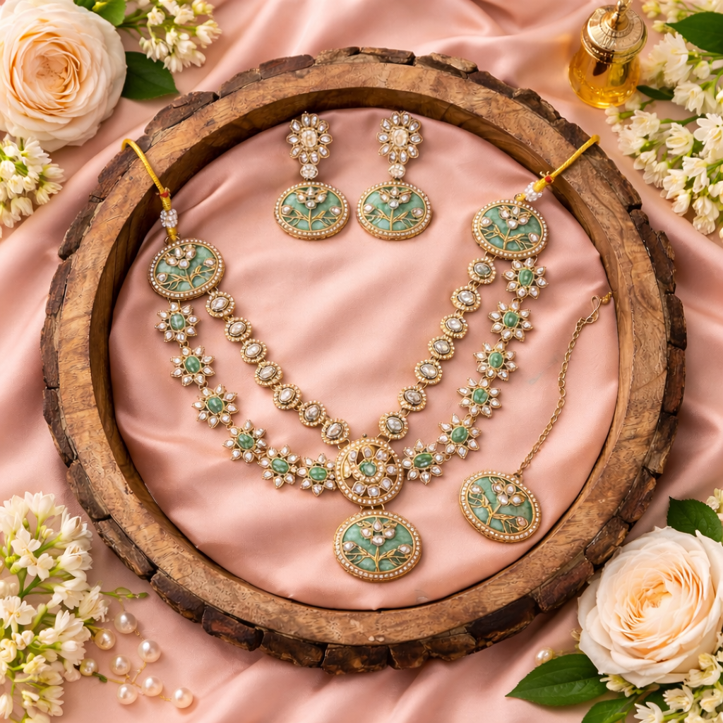 Sameesha- Mint Bloom Kundan Necklace Set with Handcrafted Floral Pendant & Matching Earrings