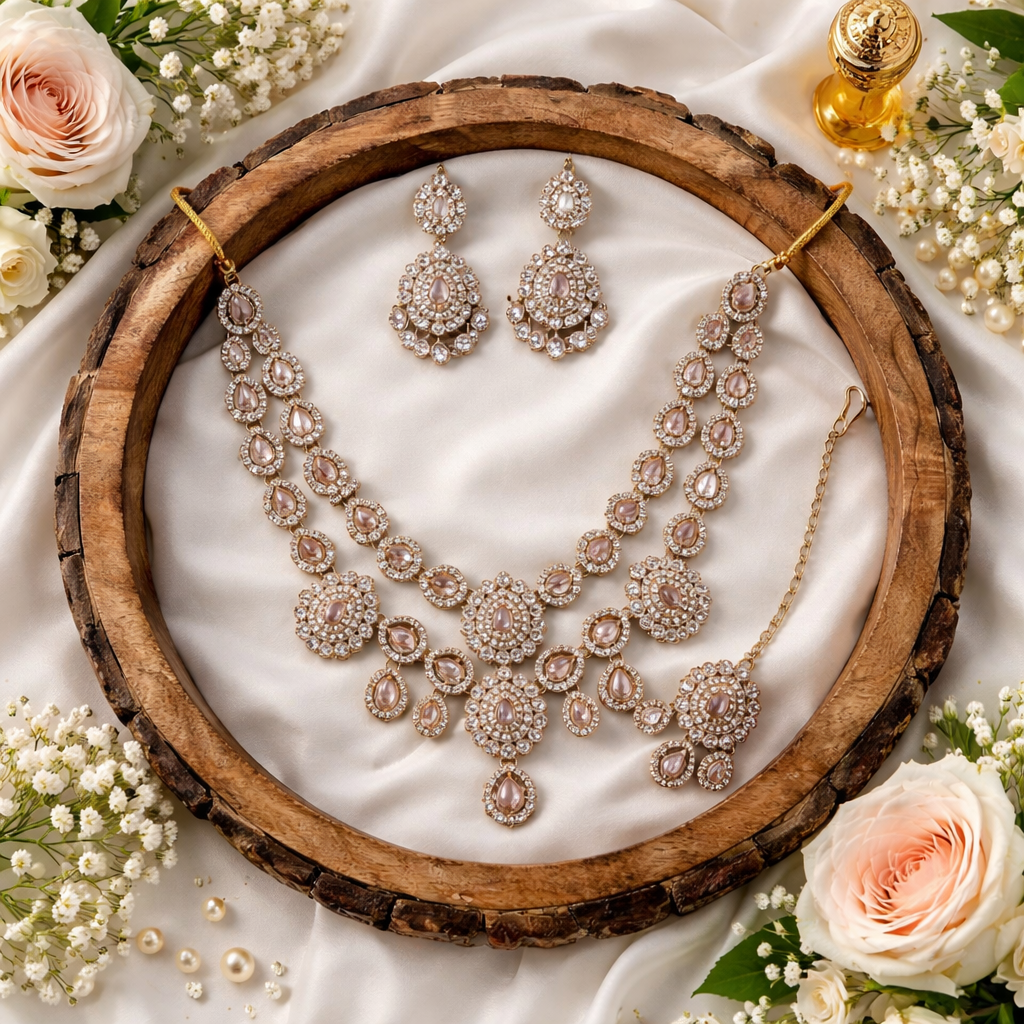 Yavisha- Royal Blush Teardrop Kundan Bridal Necklace Set with Matching Earrings & Maang Tikka