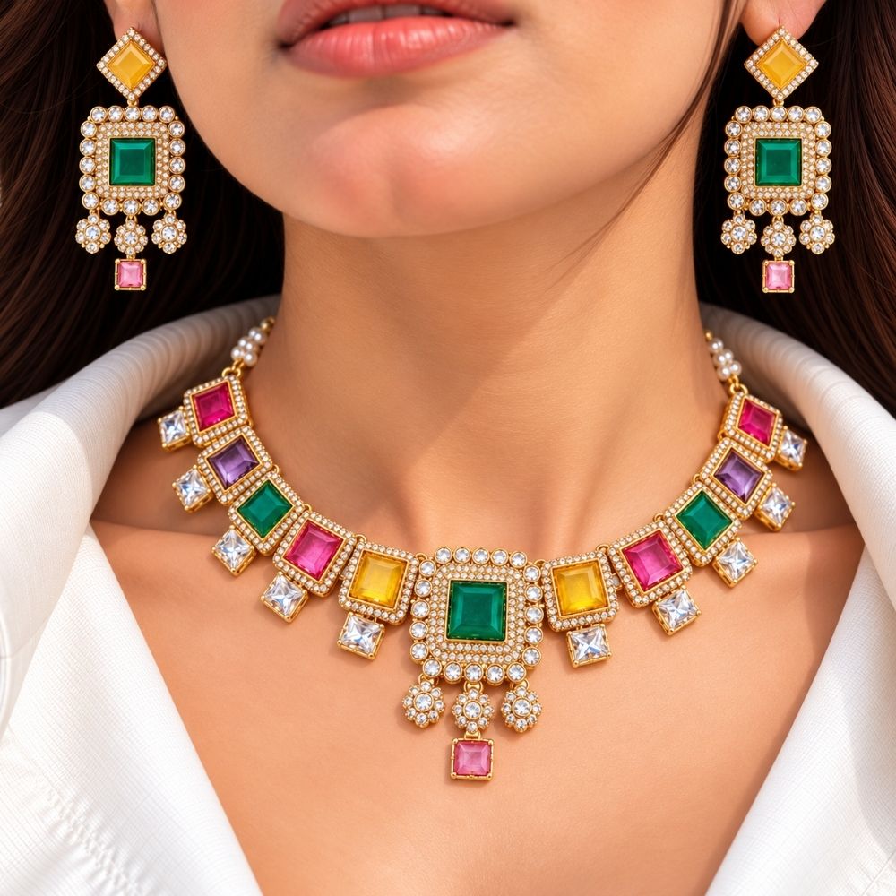 Dharika- Multicolour Geometric Necklace Set with Maang Tikka