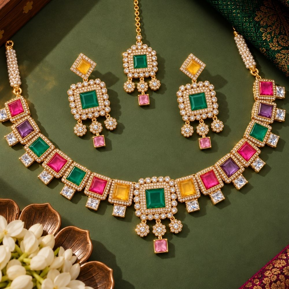 Dharika- Multicolour Geometric Necklace Set with Maang Tikka