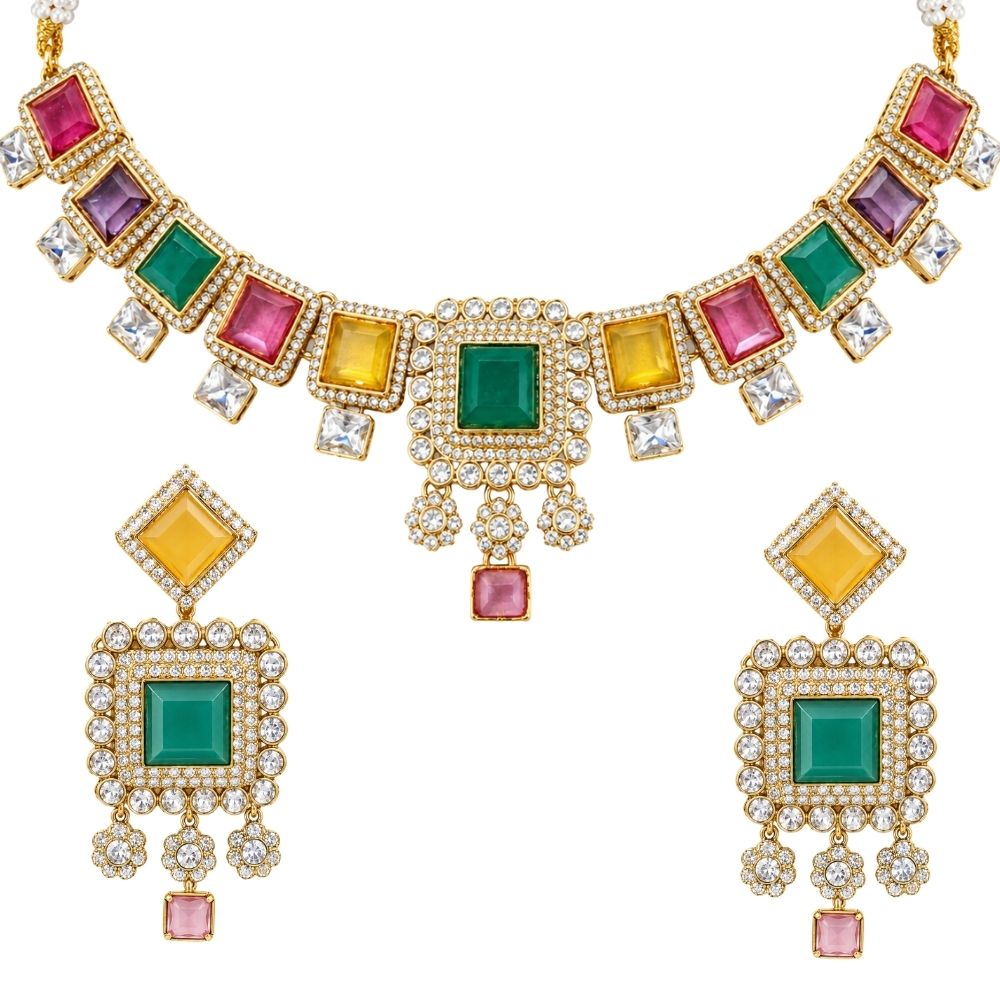 Dharika- Multicolour Geometric Necklace Set with Maang Tikka