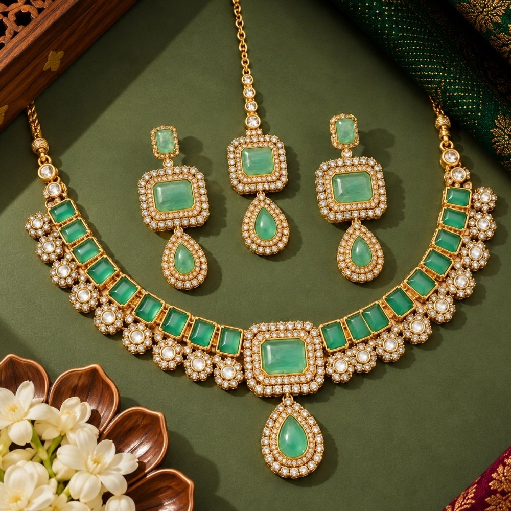 Asha- Sky Blue Stone Necklace Set with Maang Tikka