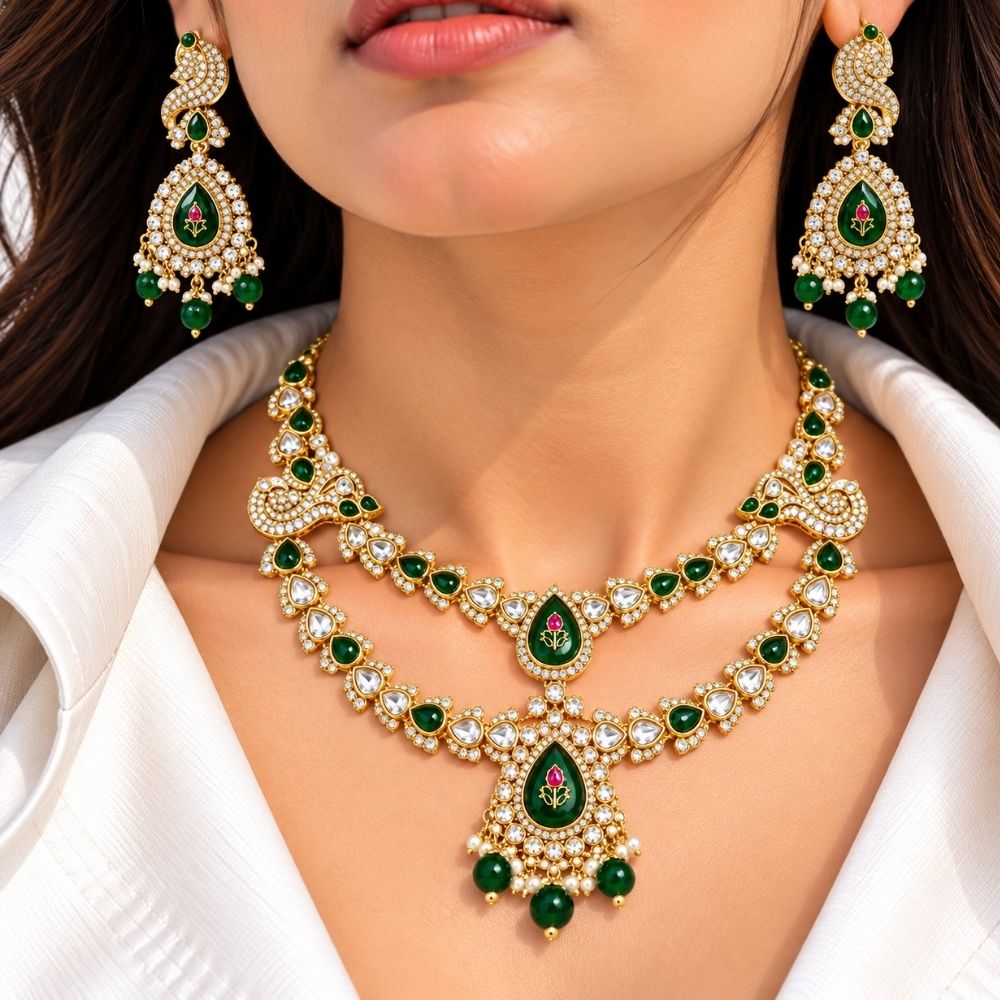 chandika-  Green Layered Kundan Necklace Set with Maang Tikka