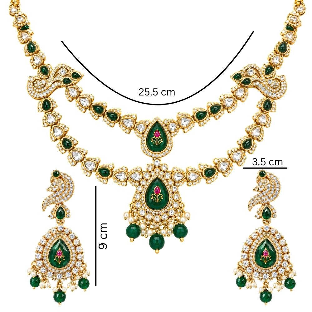 chandika-  Green Layered Kundan Necklace Set with Maang Tikka