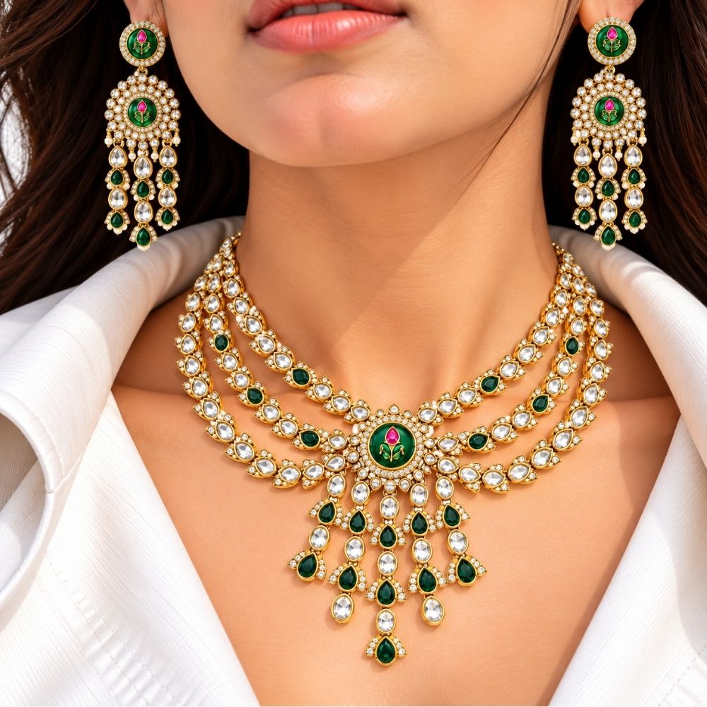 Ishvika-  Green Three-Layer Kundan Necklace Set