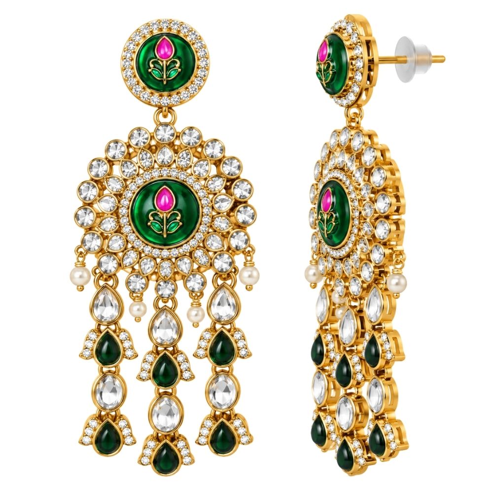 Ishvika-  Green Three-Layer Kundan Necklace Set