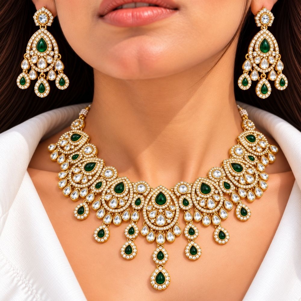 Tarunika- Green Teardrop Kundan Necklace set