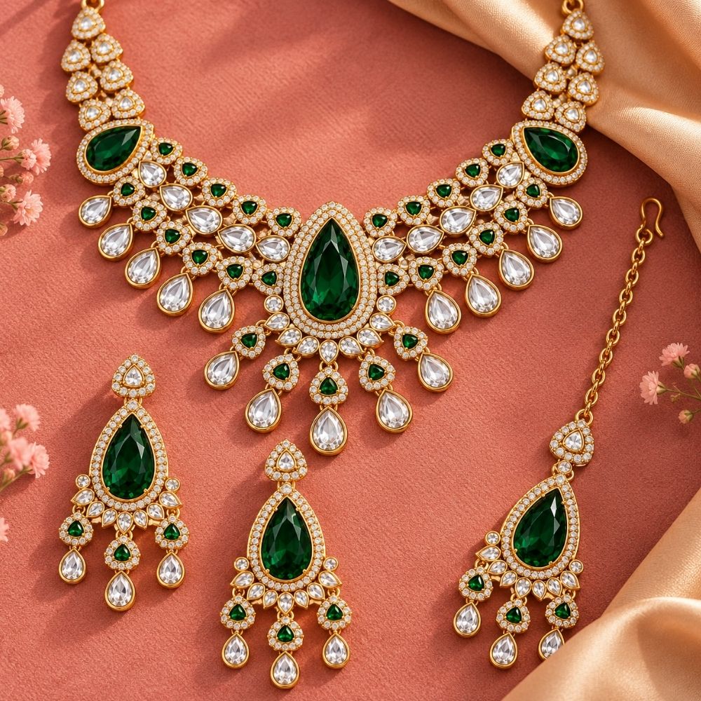 Vamika- Green Teardrop Kundan Choker Set