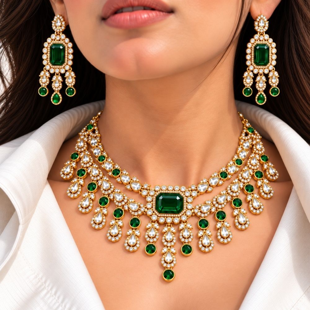 Anushree- Green Rectangular Kundan Necklace Set