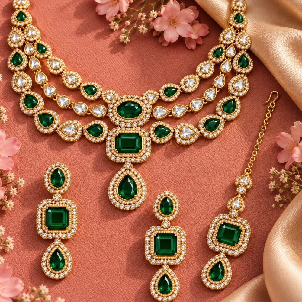 Pranika- Green Three-Layer Stone Necklace Set