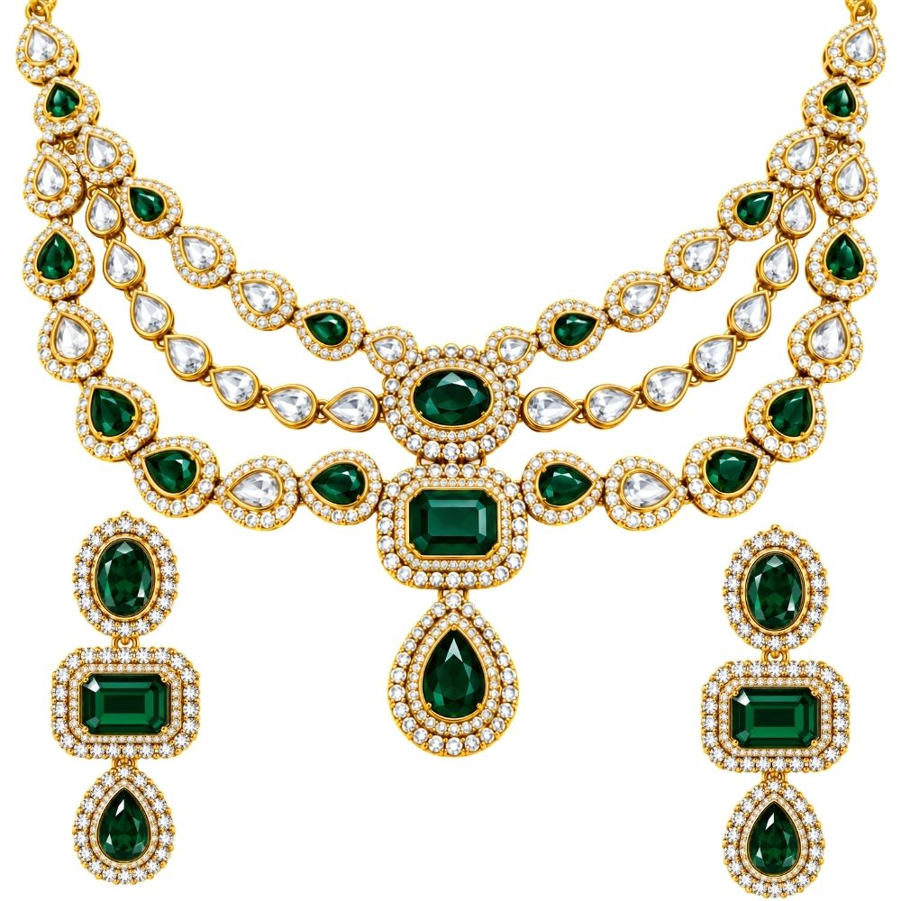 Pranika- Green Three-Layer Stone Necklace Set