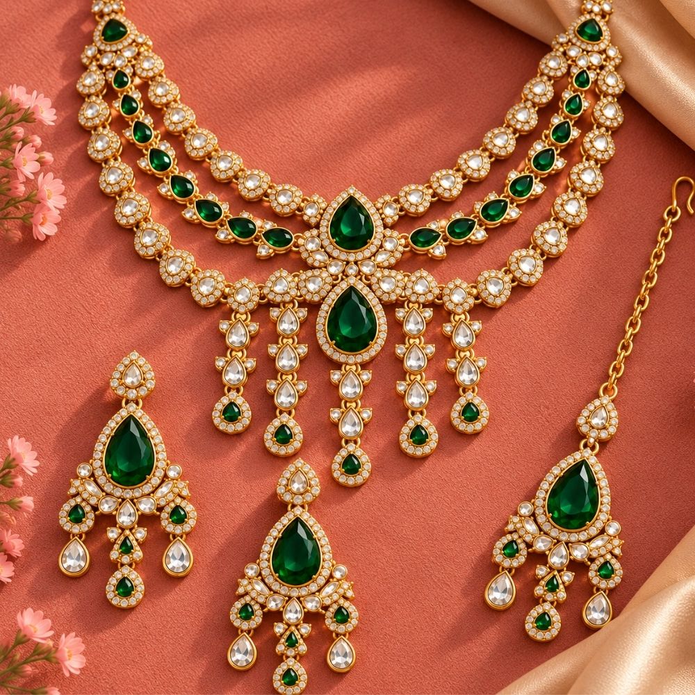 Saanvika - Green Three-Layer Kundan Necklace Set