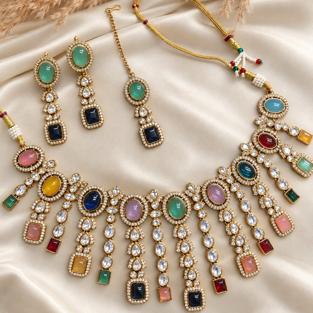 Radhika-  Multicolour Kundan Fringe Necklace Set