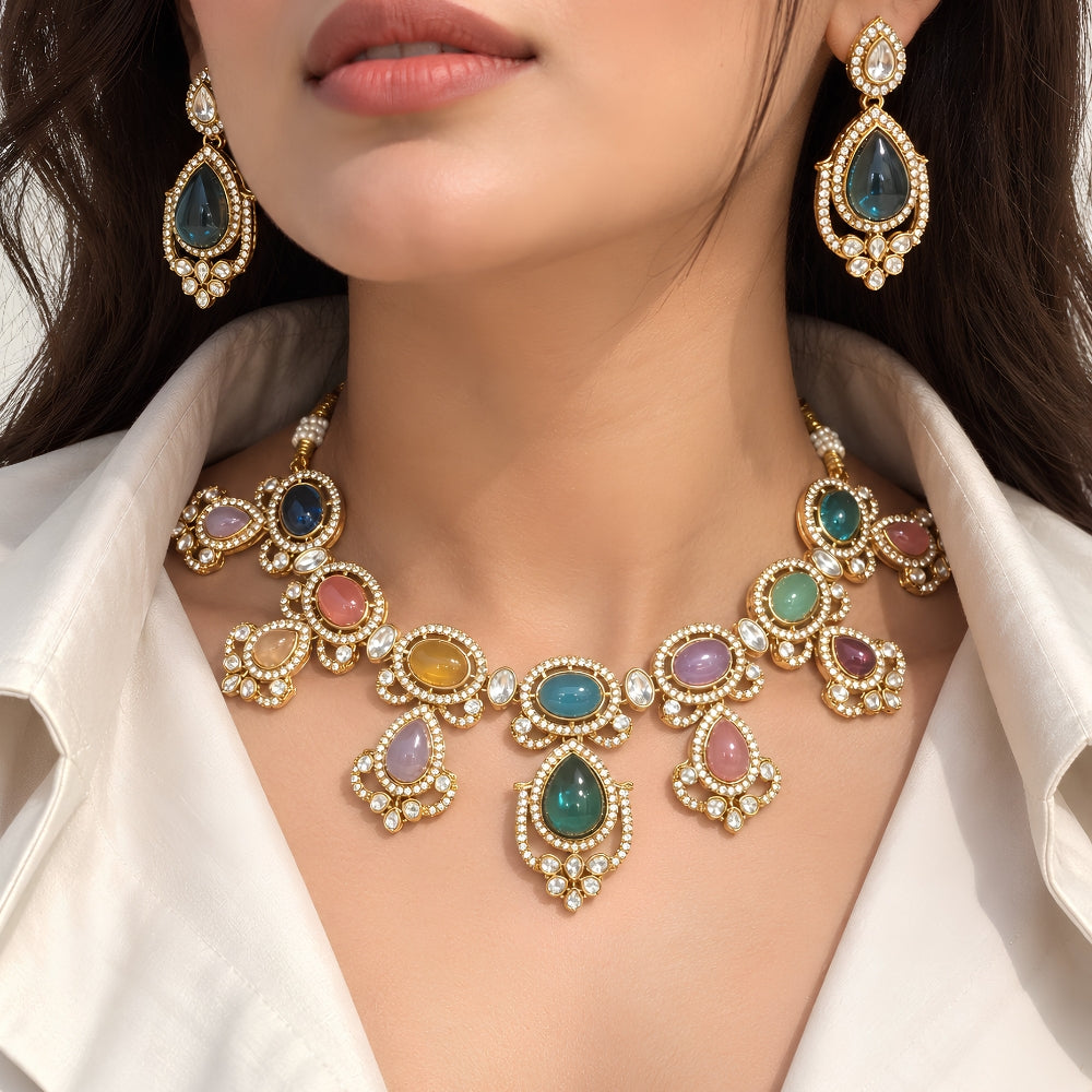 Jivika-  Multicolour Oval Teardrop Necklace Set