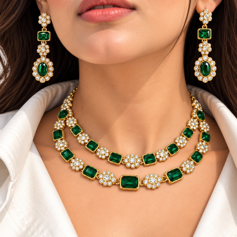Vireesha-  Green Double-Layer Kundan Stone Floral Necklace Set