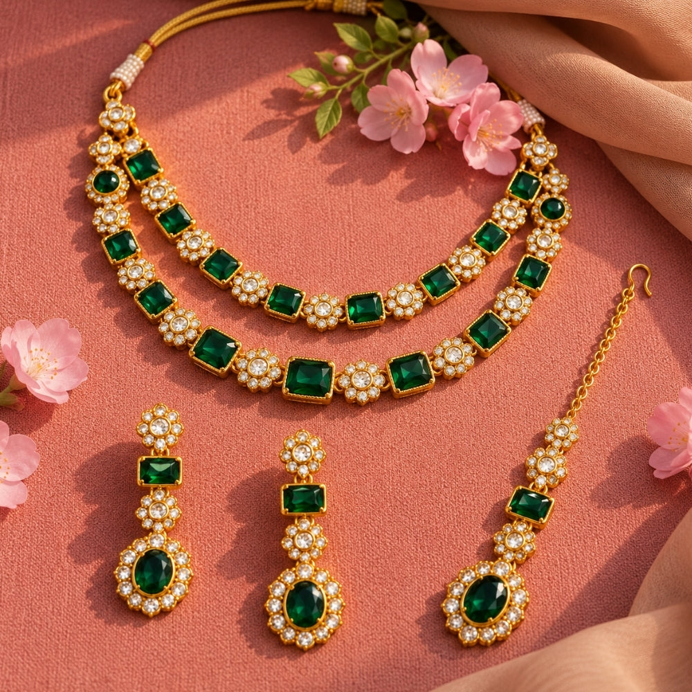 Vireesha-  Green Double-Layer Kundan Stone Floral Necklace Set