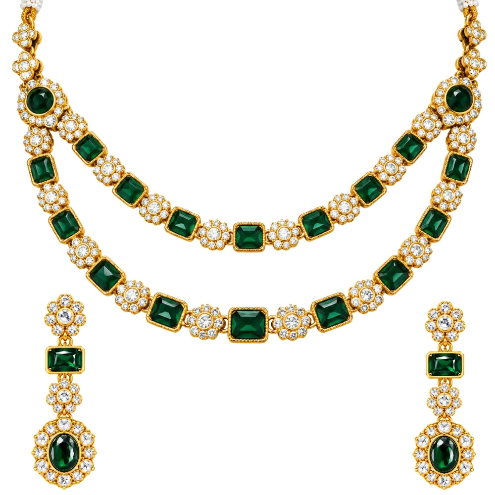 Vireesha-  Green Double-Layer Kundan Stone Floral Necklace Set