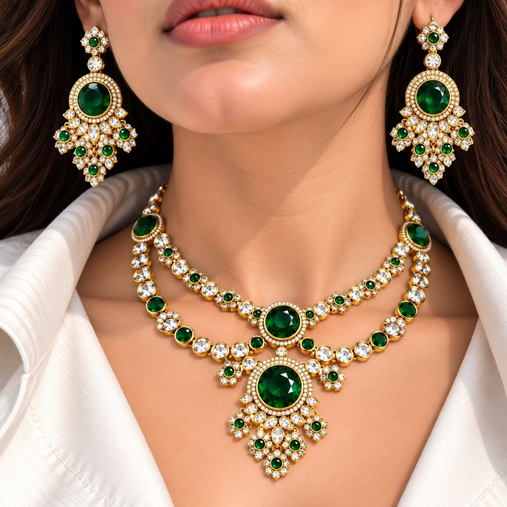 Shrinika - Green Three-Layer Floral Kundan Necklace Set