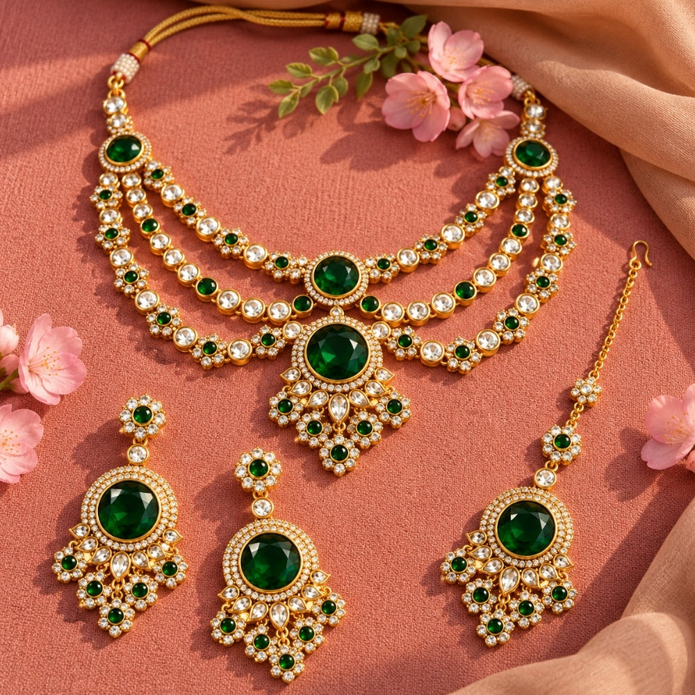 Shrinika - Green Three-Layer Floral Kundan Necklace Set
