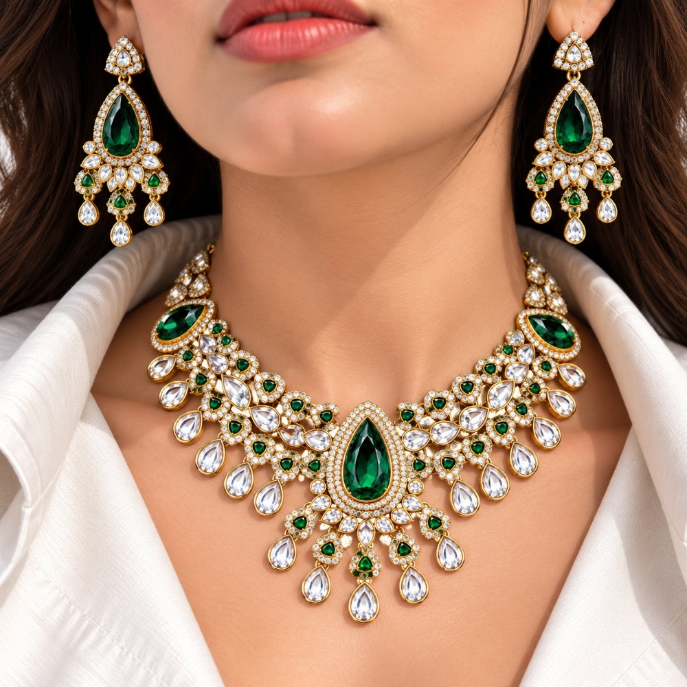 Aishvika - Green Teardrop Kundan Stone Necklace Set