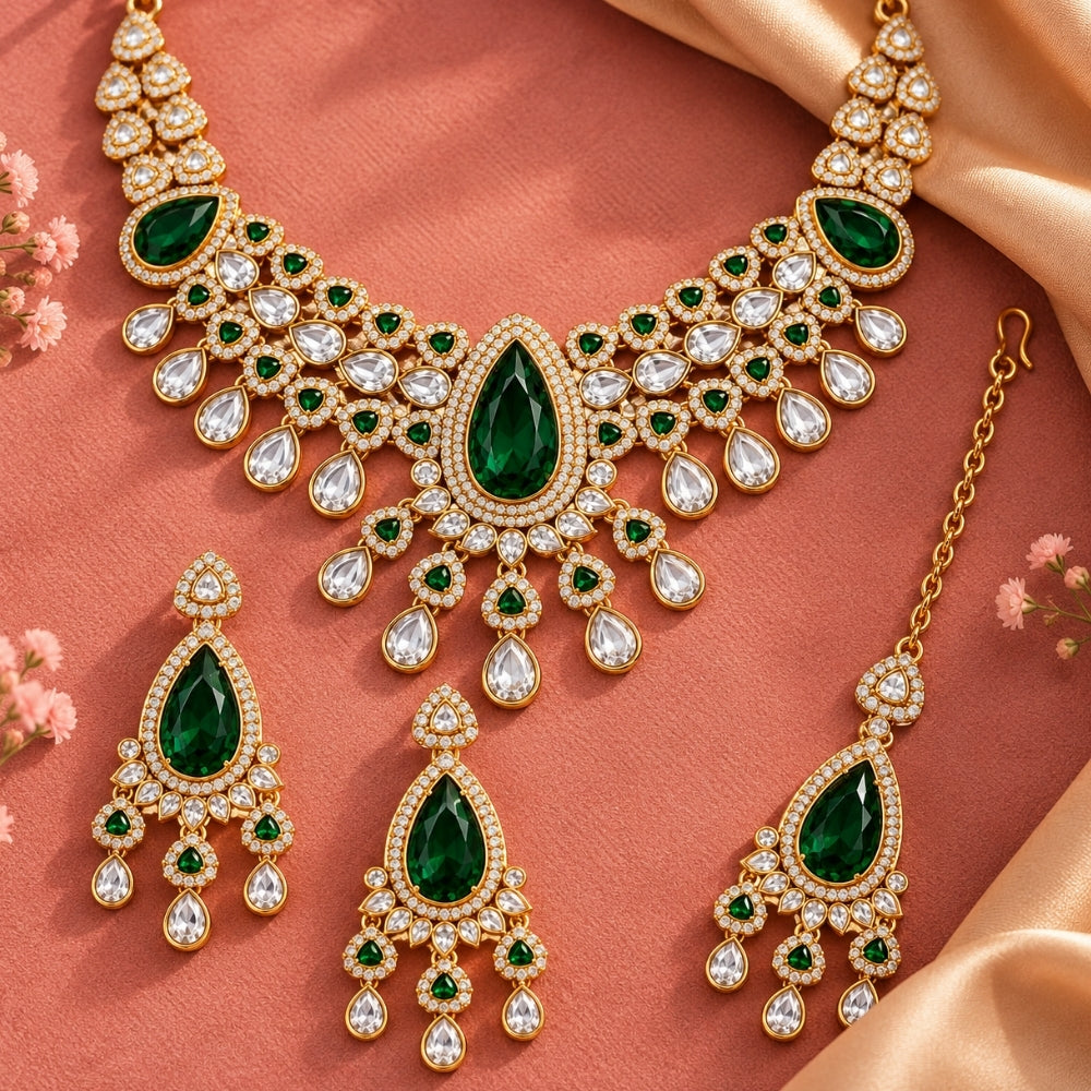 Aishvika - Green Teardrop Kundan Stone Necklace Set