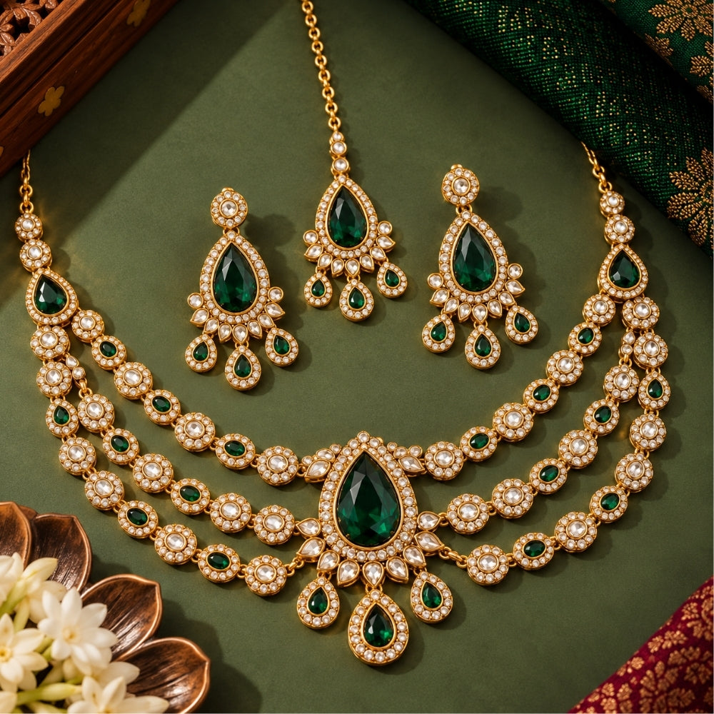 Siddhika-  Green Three-Layer Teardrop Kundan stone Necklace set
