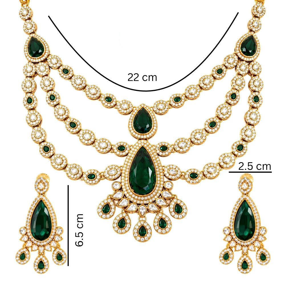 Siddhika-  Green Three-Layer Teardrop Kundan stone Necklace set