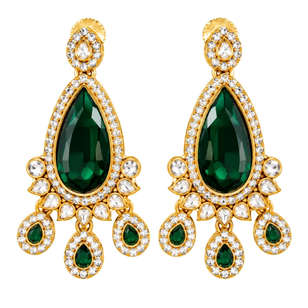 Siddhika-  Green Three-Layer Teardrop Kundan stone Necklace set