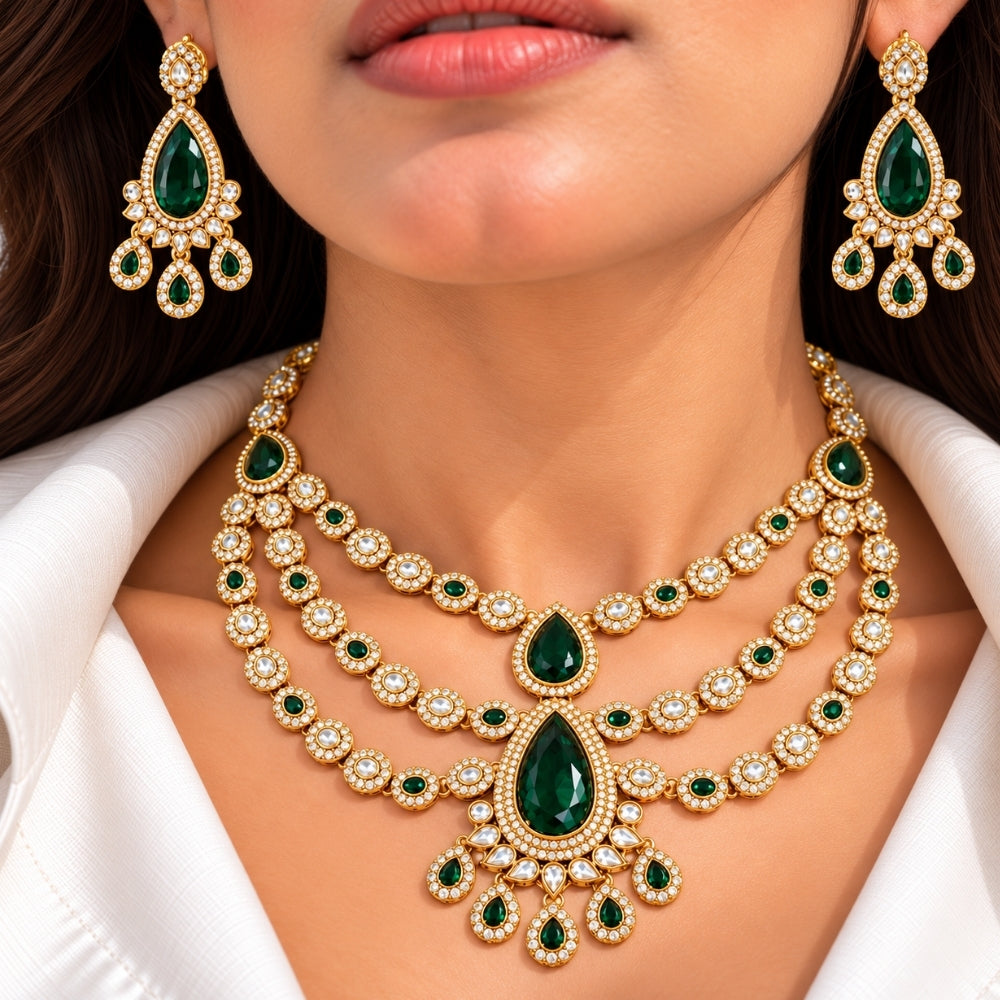 Siddhika-  Green Three-Layer Teardrop Kundan stone Necklace set