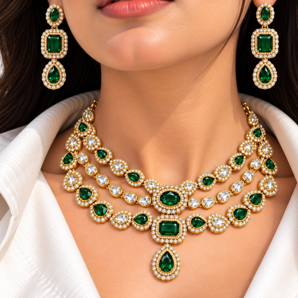 Divisha-  Green Three-Layer kundan stone  Stone Necklace Set