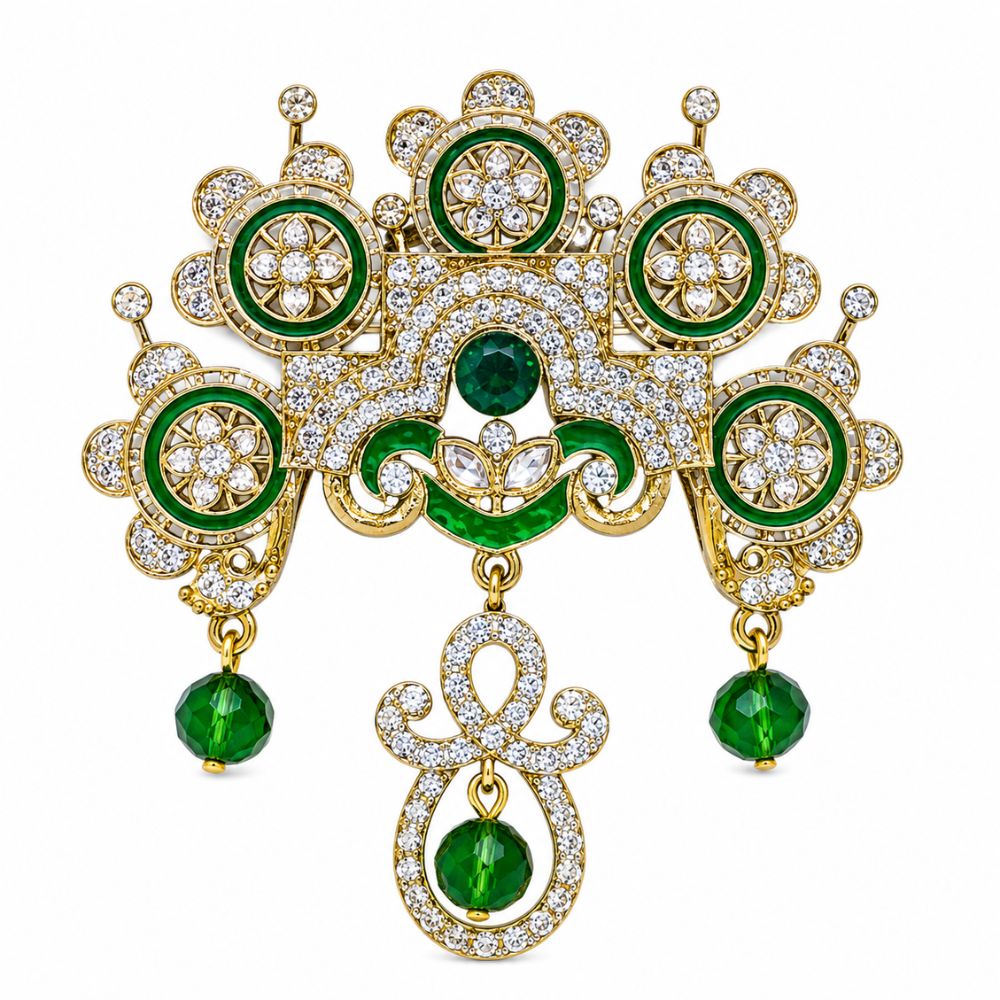 Eerav- Green Stone Studded American Diamond Style Brooch for Men & Women